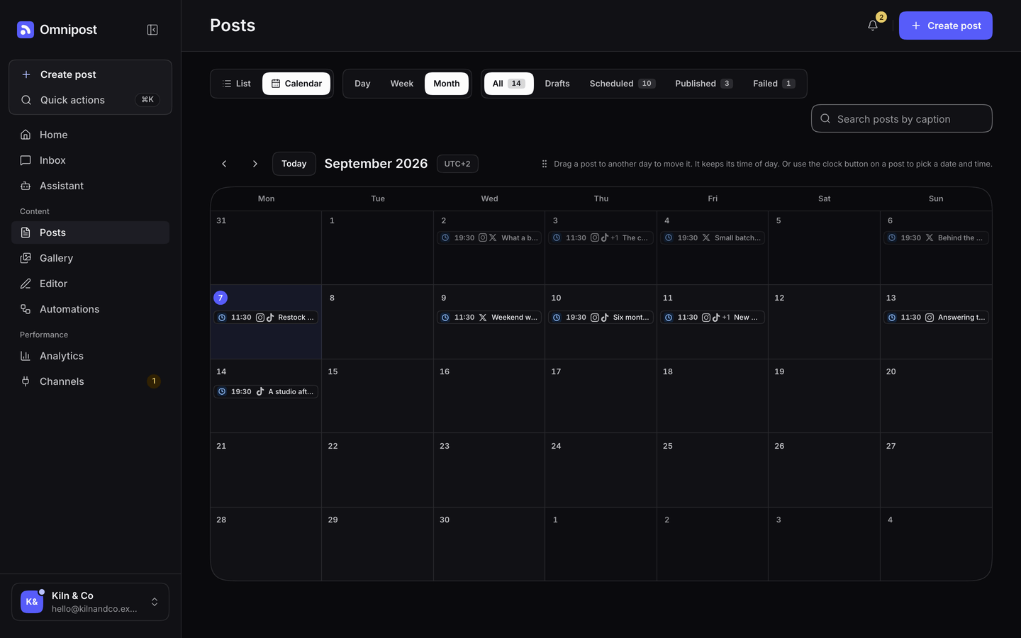 The Publedia content calendar for September, with scheduled posts laid out across the month and the channel each one goes to on every entry.