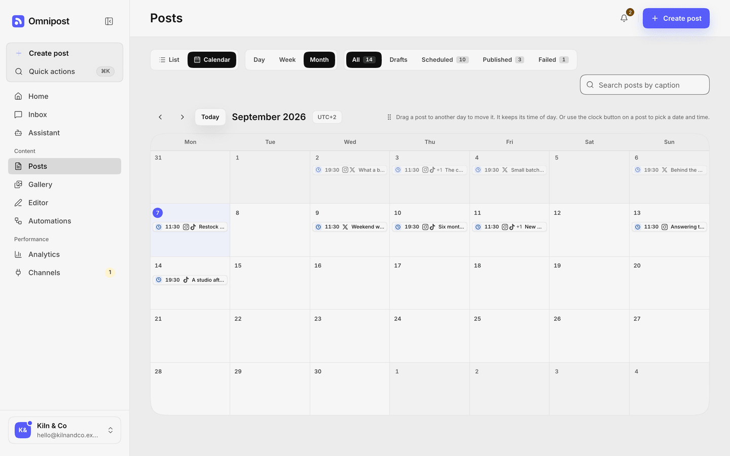 The Publedia content calendar for September, with scheduled posts laid out across the month and the channel each one goes to on every entry.