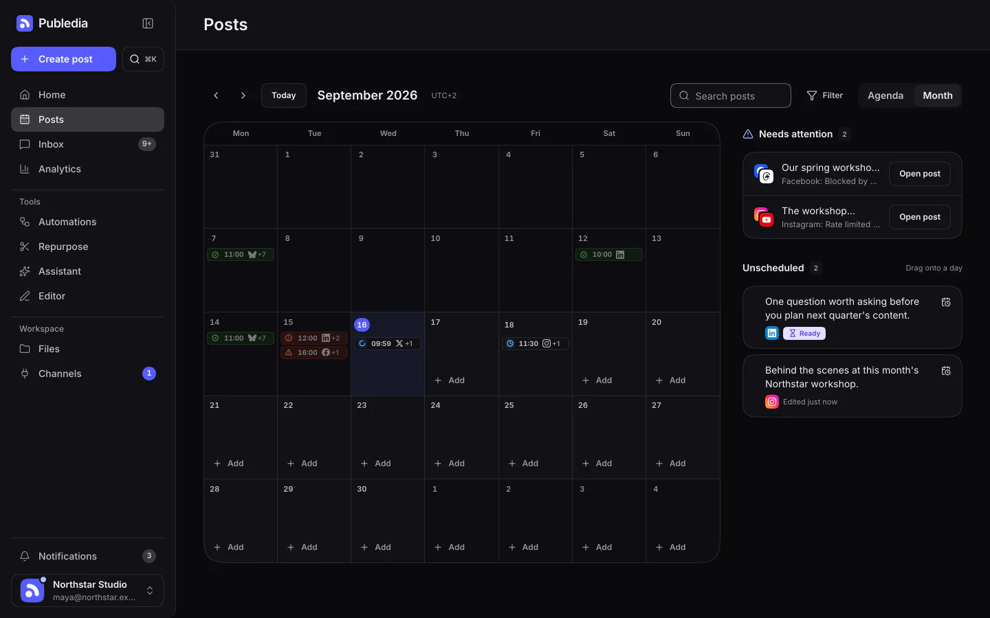 The Publedia content calendar for September, with scheduled posts laid out across the month and the channel each one goes to on every entry.