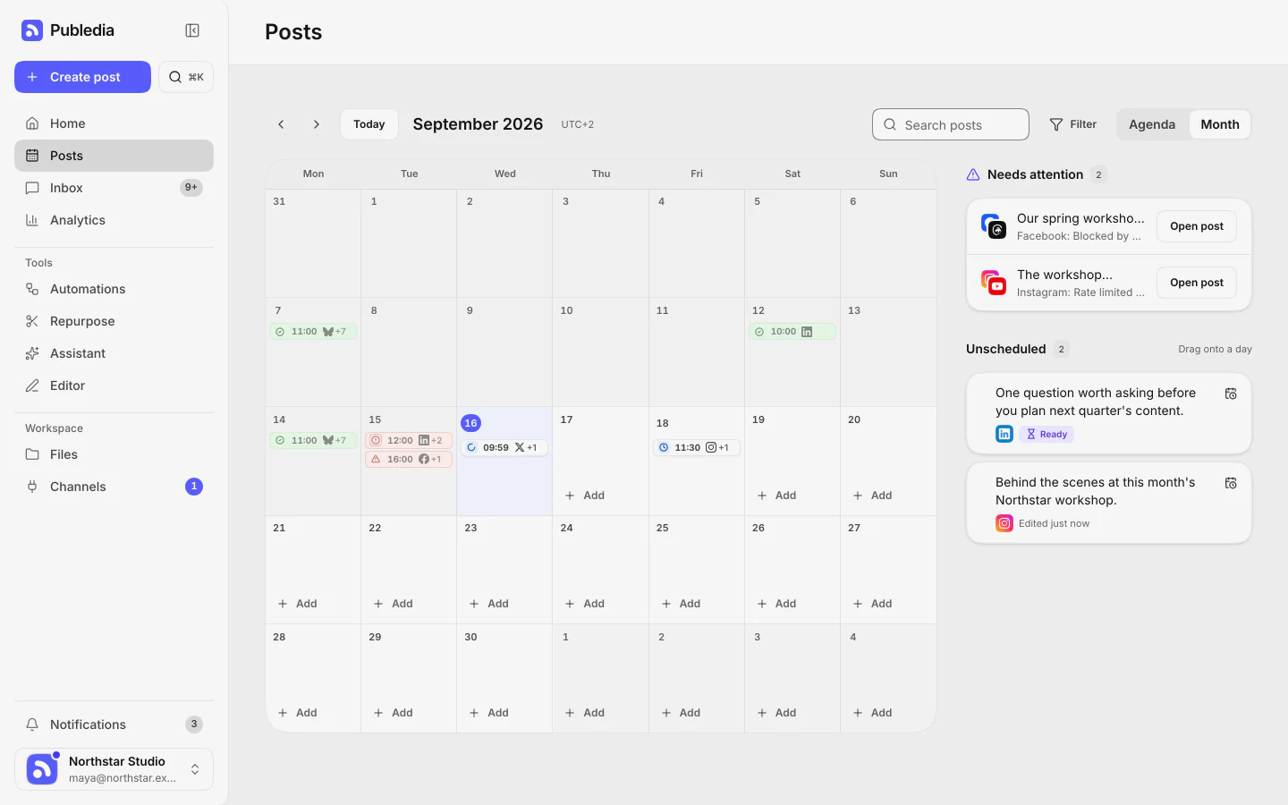 The Publedia content calendar for September, with scheduled posts laid out across the month and the channel each one goes to on every entry.
