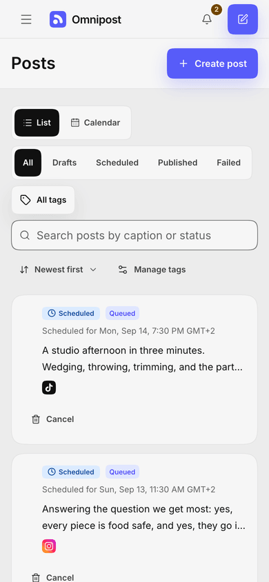 The Publedia posts list on a phone, where each post is a card carrying its status, its scheduled time and the channels it goes to.